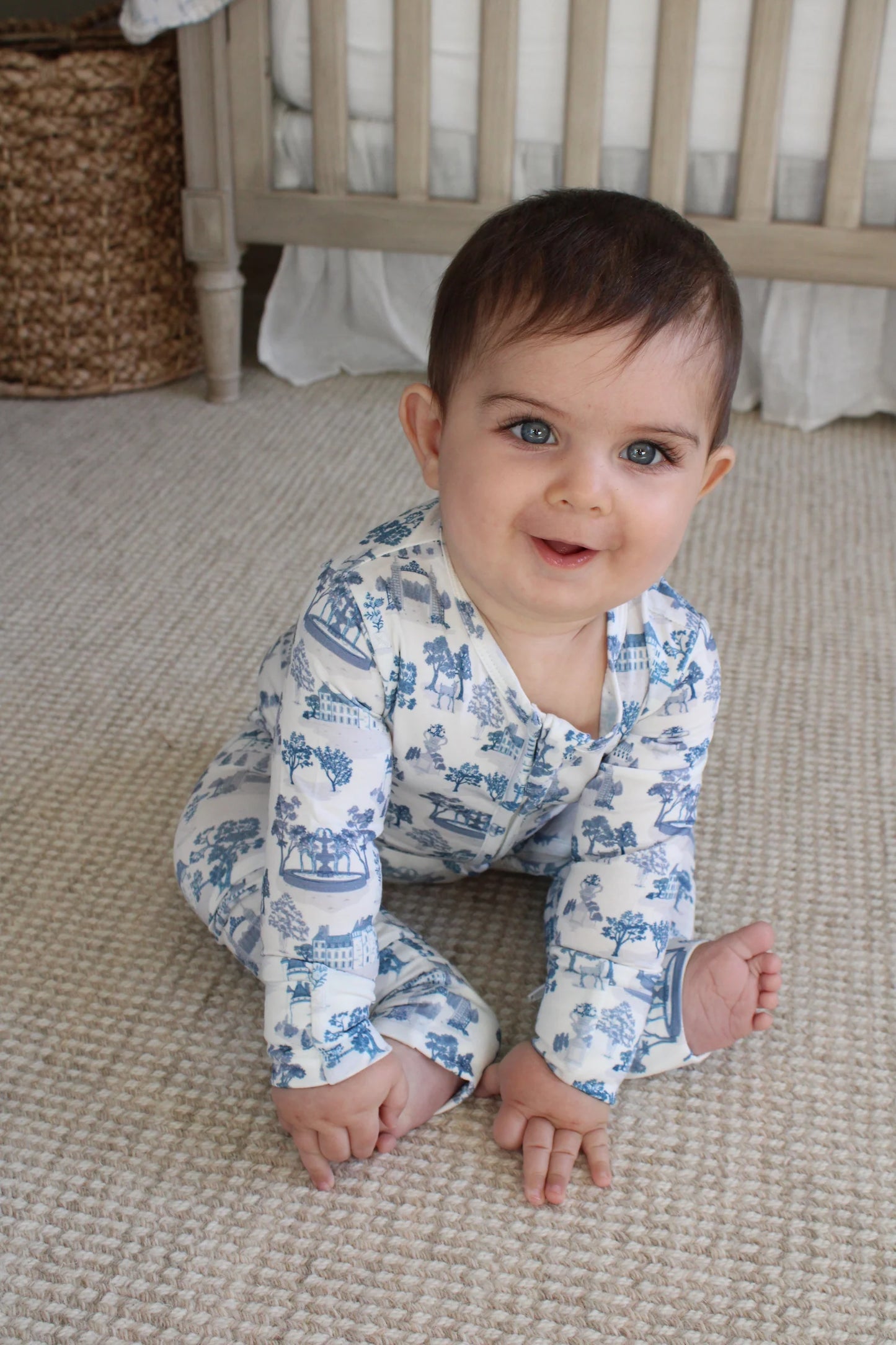 Blue Toile De Jouy Bamboo Footie