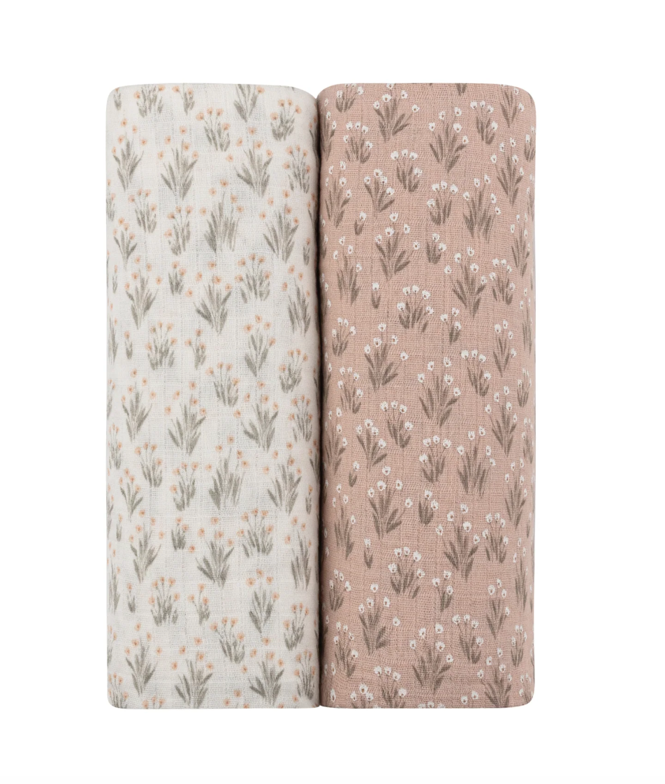 French Terry Blooms Muslin Swaddle 2 pack- ivory/ mauve