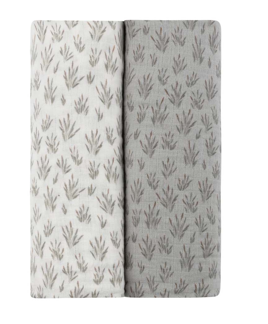 French Terry Blooms Muslin Swaddle 2 pack- ivory/ blue