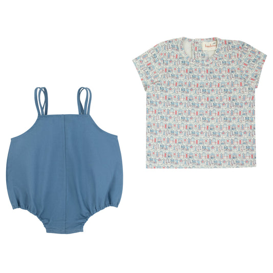 Blue House Print Romper