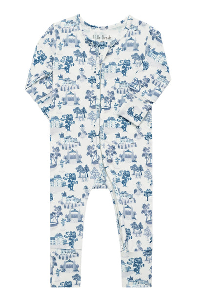 Blue Toile De Jouy Bamboo Footie