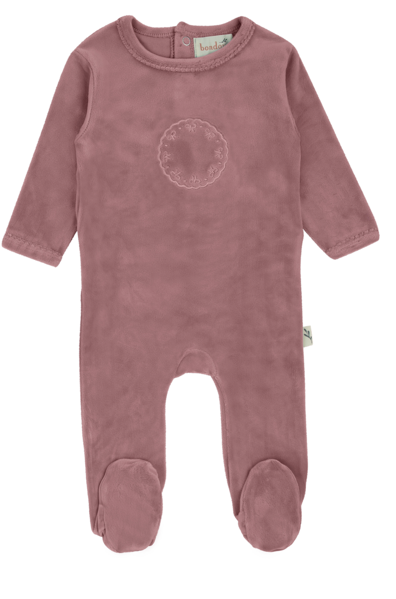 Bow Velour Footie- Blush