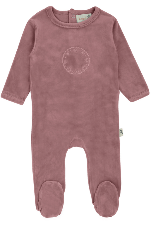Bow Velour Footie- Blush
