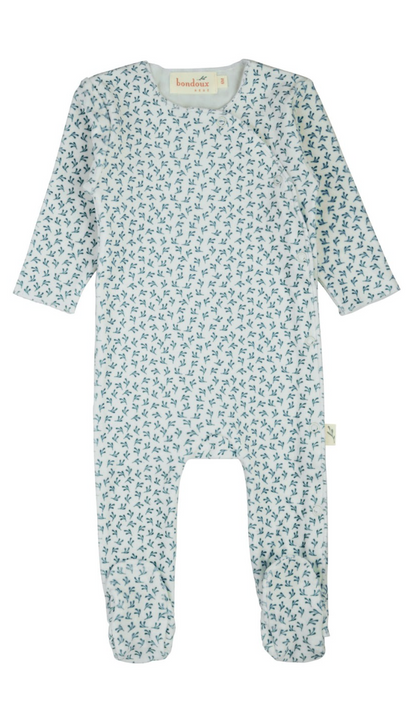 Leaf Print Velour Footie- Blue