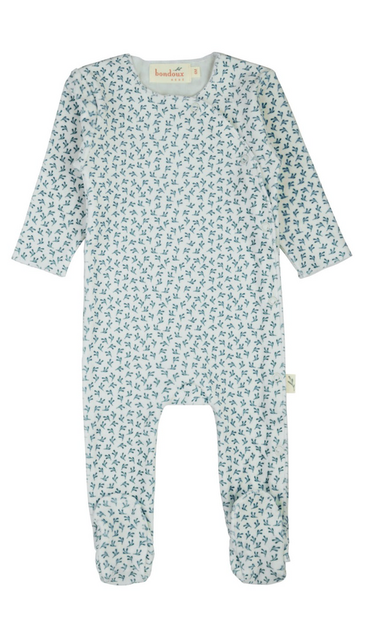 Leaf Print Velour Footie- Blue