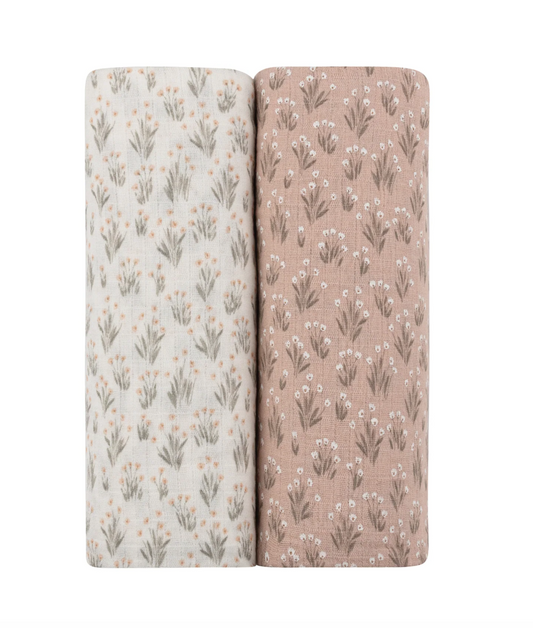 French Terry Blooms Muslin Swaddle 2 pack- ivory/ mauve