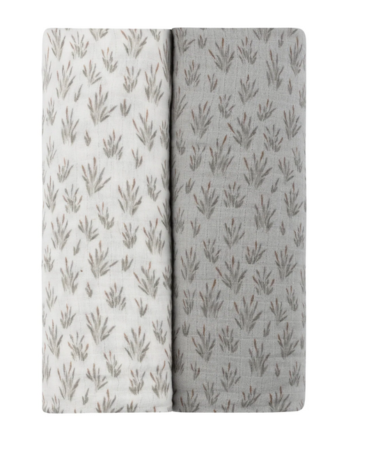 French Terry Blooms Muslin Swaddle 2 pack- ivory/ blue