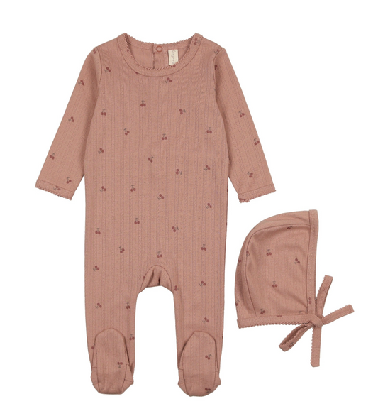 Printed Pointelle Footie- Pink Cherry