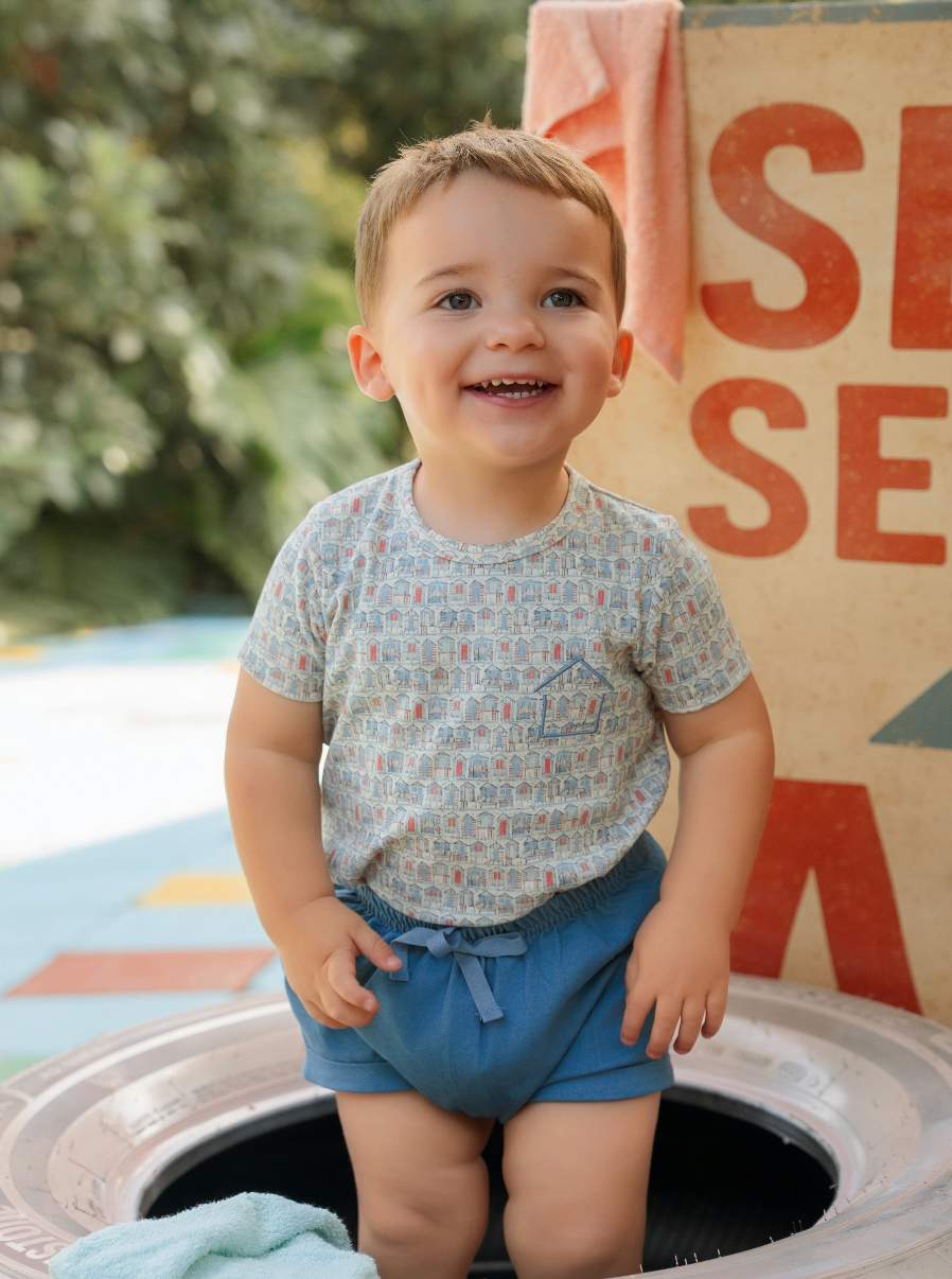 Blue House Print Short Set